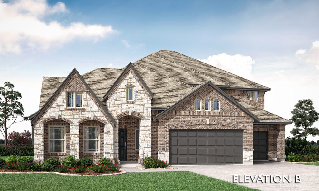 Two-story suburban house by Bloomfield Homes in Painted Tree, McKinney, featuring stone and brick exterior, three front arches, double garage, and landscaped front yard. Text reads "ELEVATION B" in the bottom right corner.
