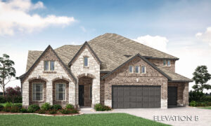 Two-story suburban house by Bloomfield Homes in Painted Tree, McKinney, featuring stone and brick exterior, three front arches, double garage, and landscaped front yard. Text reads "ELEVATION B" in the bottom right corner.