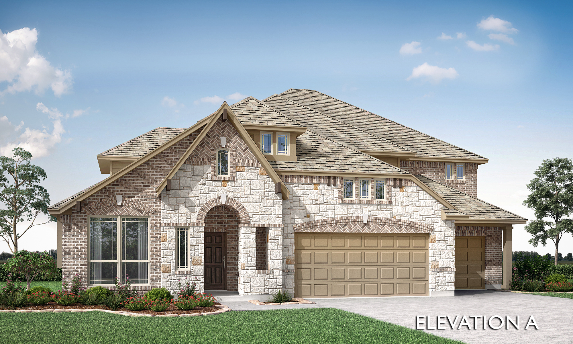 Two-story suburban house by Bloomfield Homes in McKinney's Painted Tree community, with stone and brick exterior, three-car garage, gabled roof, landscaped front yard, and “Elevation A” text in the lower right corner.