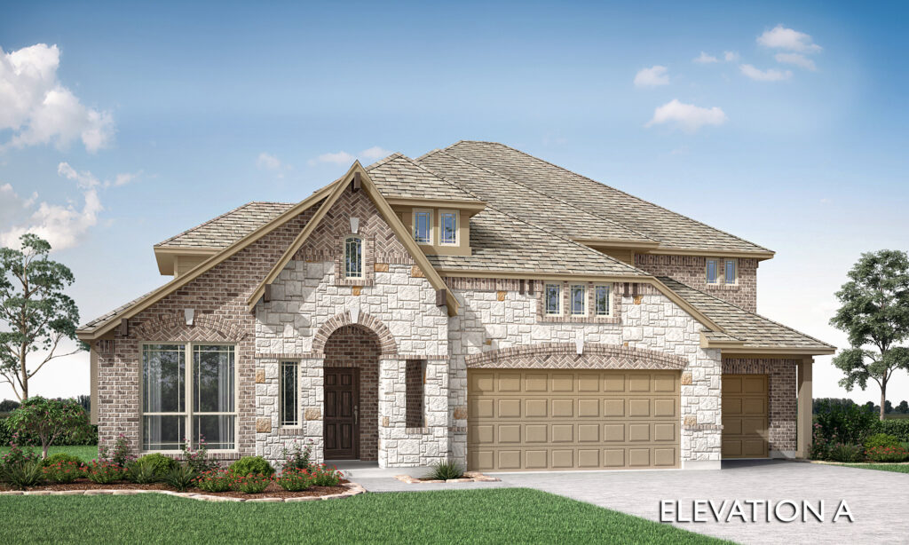 Two-story suburban house in McKinney by Bloomfield Homes, featuring a stone and brick exterior, three-car garage, gabled roof, arched entryway, and landscaped front yard—perfect for those seeking stunning new homes.