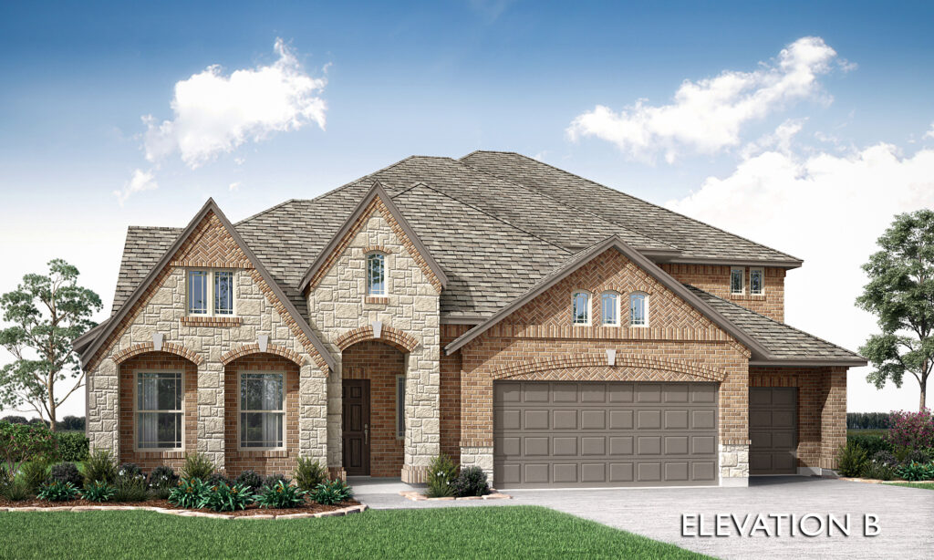 Two-story brick and stone suburban house by Bloomfield Homes in Painted Tree, McKinney, with a three-car garage, arched entryway, gable roofs, front lawn, and shrubs; text reads "ELEVATION B.