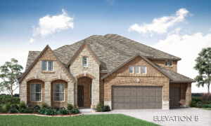 Two-story brick and stone suburban house by Bloomfield Homes in Painted Tree, McKinney, with a three-car garage, arched entryway, gable roofs, front lawn, and shrubs; text reads "ELEVATION B.