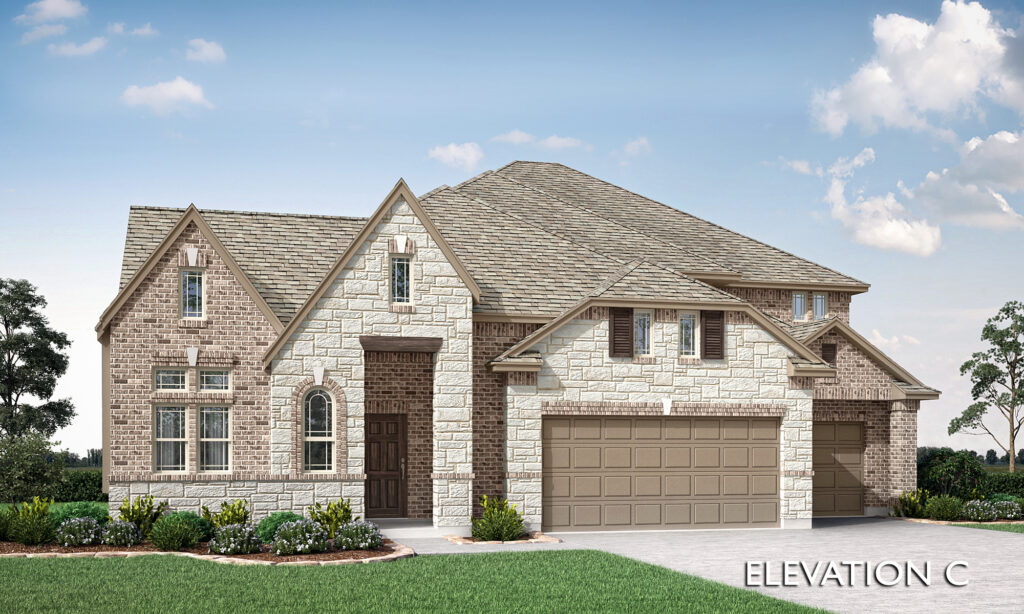 Two-story suburban house by Bloomfield Homes with mixed brick and stone exterior, three-car garage, gabled roof, and landscaped front yard in Painted Tree, McKinney. Text reads "Elevation C" in the bottom right corner.