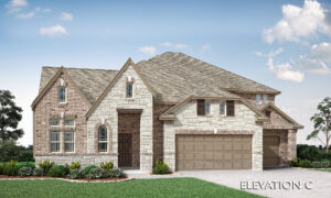 Two-story suburban house by Bloomfield Homes with mixed brick and stone exterior, three-car garage, gabled roof, and landscaped front yard in Painted Tree, McKinney. Text reads "Elevation C" in the bottom right corner.