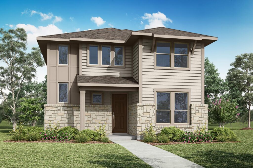 Two-story modern Tri Pointe Homes house with stone and siding exterior, brown front door, multiple windows, and a landscaped yard in McKinney’s Painted Tree community, set among trees under a blue sky.