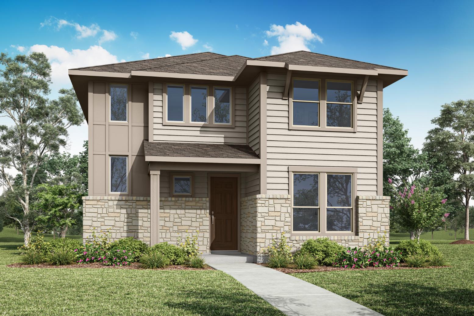 Two-story modern Tri Pointe Homes house with stone and siding exterior, brown front door, multiple windows, and a landscaped yard in McKinney’s Painted Tree community, set among trees under a blue sky.
