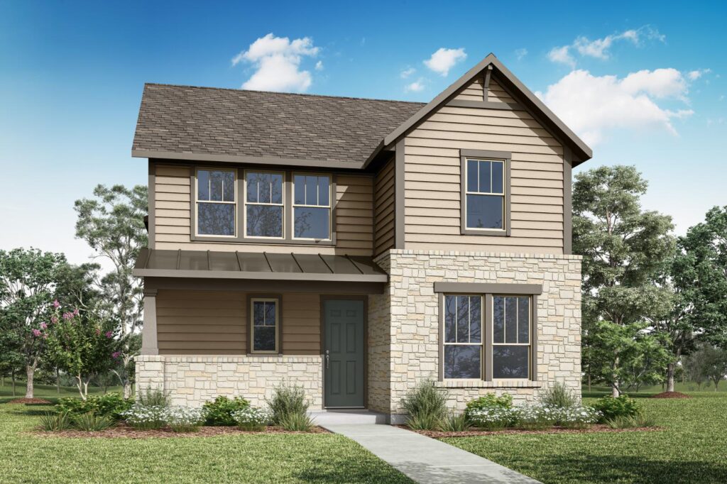 Two-story house with beige siding, stone accents, and a green front door by Tri Pointe Homes, featuring multiple windows and set on a landscaped lawn with trees under a blue sky in McKinney.