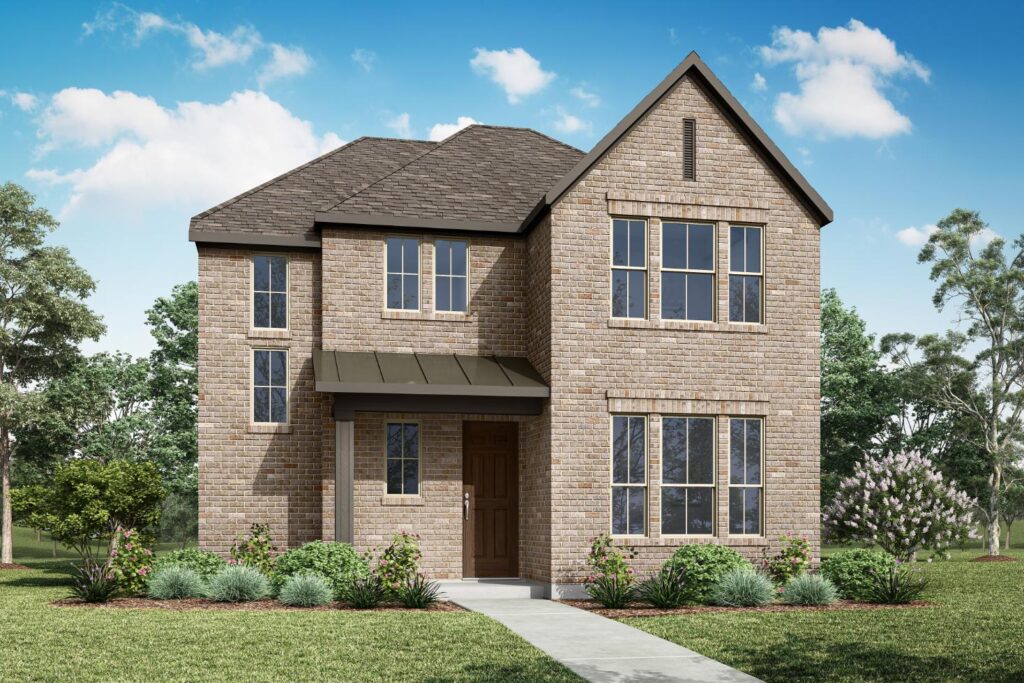 Two-story brick house in McKinney with multiple windows, a brown front door, small front porch, and landscaped yard under a blue sky with scattered clouds—experience quality new homes by Tri Pointe Homes.