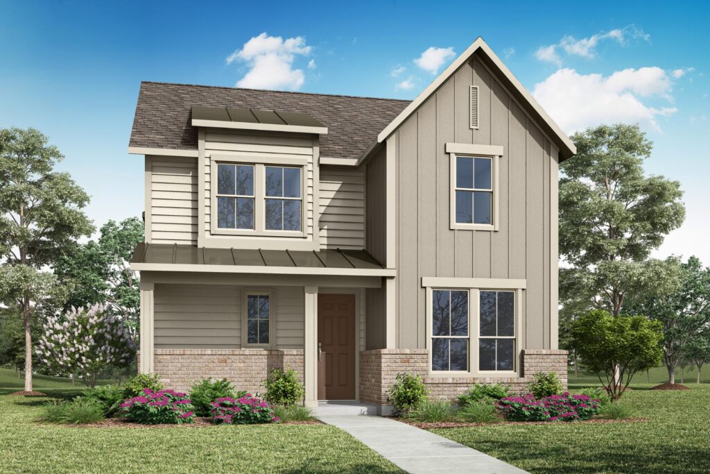Two-story modern house in McKinney’s Painted Tree community, featuring a brown front door, multiple windows, beige siding, brick accents, and a landscaped yard with green grass and shrubs under a blue sky. Explore new homes today.