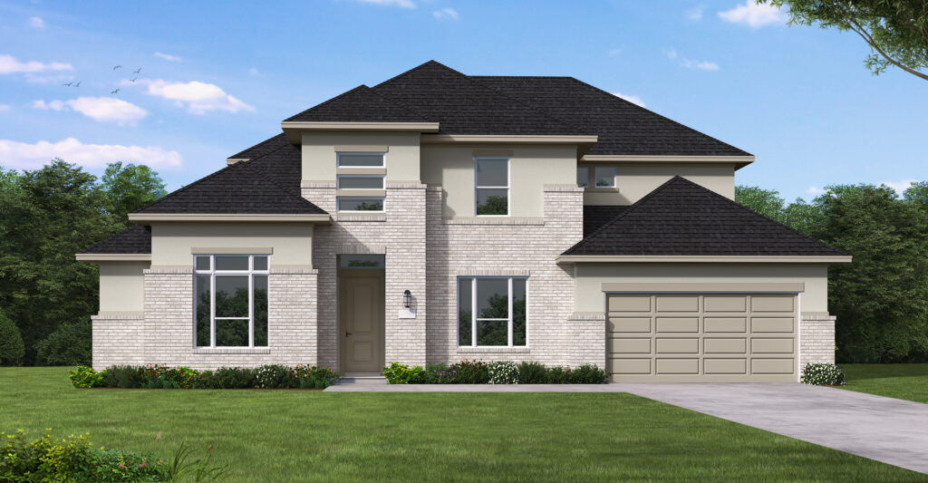 Modern two-story Coventry Homes house in McKinney with light brick and stucco exterior, dark roof, large windows, and attached two-car garage, surrounded by a lush lawn and trees under a blue sky—perfect for those seeking new homes.