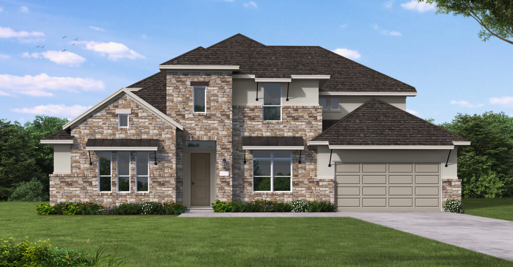 Modern two-story Coventry Homes house with stone and stucco exterior, dark shingle roof, large windows, and a double garage in Painted Tree, McKinney—set on a green lawn with trees in the background.