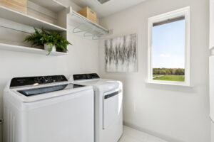 A laundry room in Painted Tree, McKinney, features a washing machine, dryer, wall shelves, hanging rods with hangers, a potted plant, abstract wall art, and a window showcasing the outdoor view—perfect for new homes.