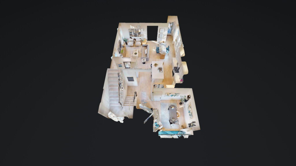 3D floor plan of a modern apartment in Painted Tree, showcasing multiple rooms—kitchen, living area, bathroom, and staircase—from an elevated, angled perspective. Ideal for visualizing new homes by Normandy Homes.