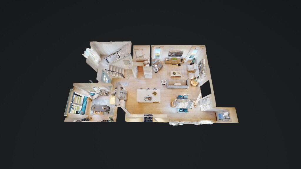 3D floor plan of a Painted Tree new home in McKinney, showcasing a furnished living room, kitchen, dining area, and staircase on a black background.