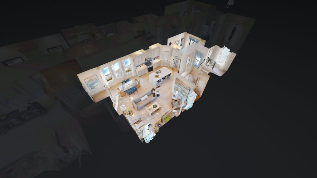 3D floor plan rendering of a modern apartment in McKinney’s Painted Tree, showing an open living area, kitchen, dining space, and adjoining rooms, all viewed from an elevated angle—perfect inspiration for new homes.