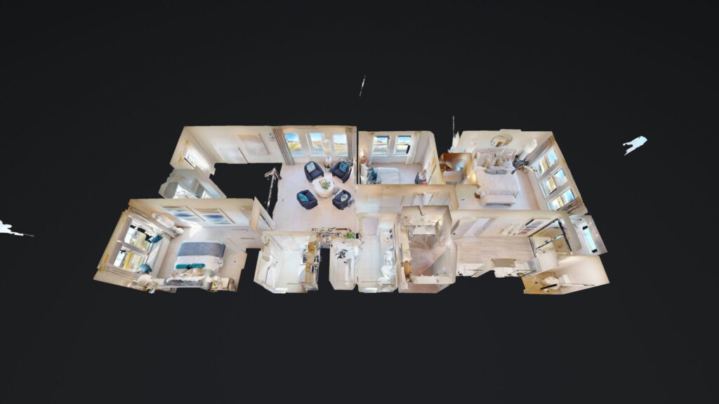 A 3D floor plan view of a furnished single-story Normandy Homes residence at Painted Tree, with multiple bedrooms, living areas, and bathrooms, all displayed against a striking black background.