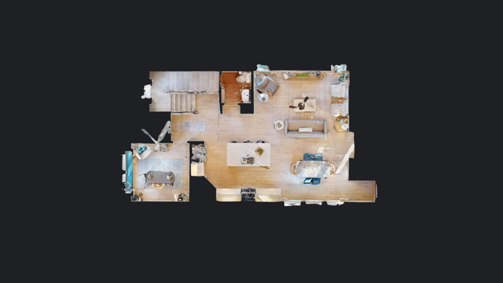 Top-down view of a furnished apartment floor plan in Painted Tree, McKinney, featuring a kitchen, dining area, living room, bedroom, bathroom, and extra rooms—all set on a light wood floor. Ideal inspiration for new homes.