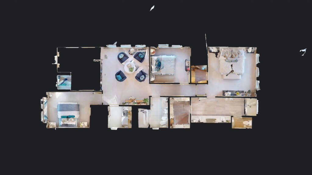A top-down view of a three-bedroom, two-bathroom home floor plan in Painted Tree, McKinney, showcasing the living room, kitchen, and multiple hallways against a black background.
