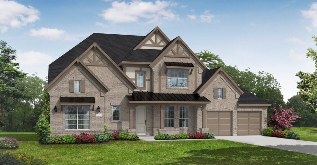 Two-story suburban house by Coventry Homes with brick exterior, black roof, two garage doors, and a manicured front lawn with shrubs and flowers in the Painted Tree community of new homes.