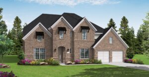 Stunning two-story brick house by Coventry Homes in McKinney, featuring multiple gables, black shutters, large windows, and a double garage—all surrounded by lush landscaping and trees under a clear blue sky. Perfect for those seeking new homes.