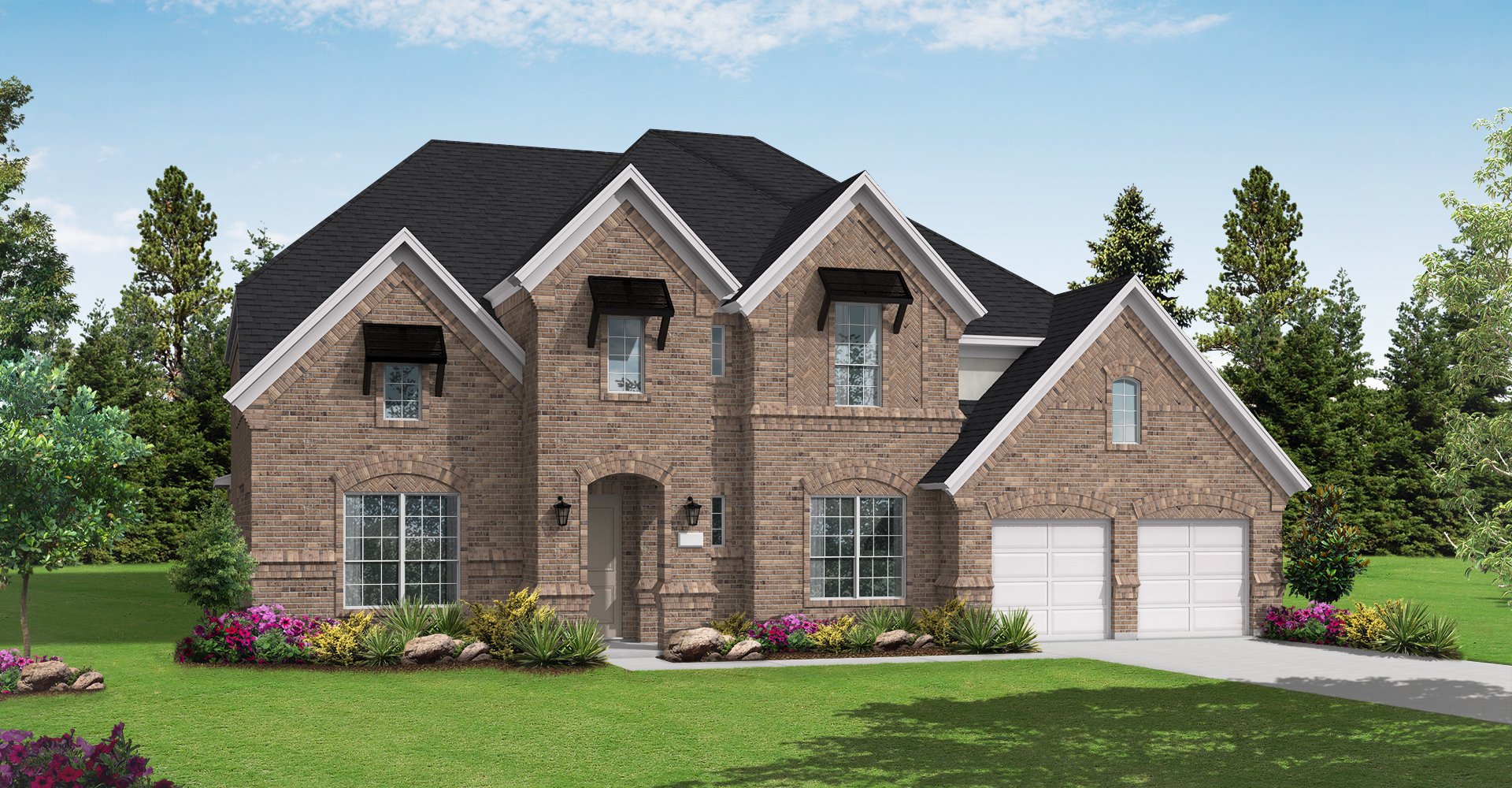 Stunning two-story brick house by Coventry Homes in McKinney, featuring multiple gables, black shutters, large windows, and a double garage—all surrounded by lush landscaping and trees under a clear blue sky. Perfect for those seeking new homes.