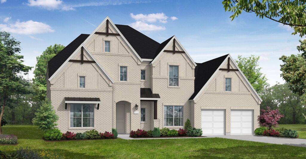 Coventry Homes presents this two-story brick house in McKinney, featuring a black roof, large windows, double garage, and a landscaped front yard under a blue sky. Discover beautiful new homes designed for modern living.