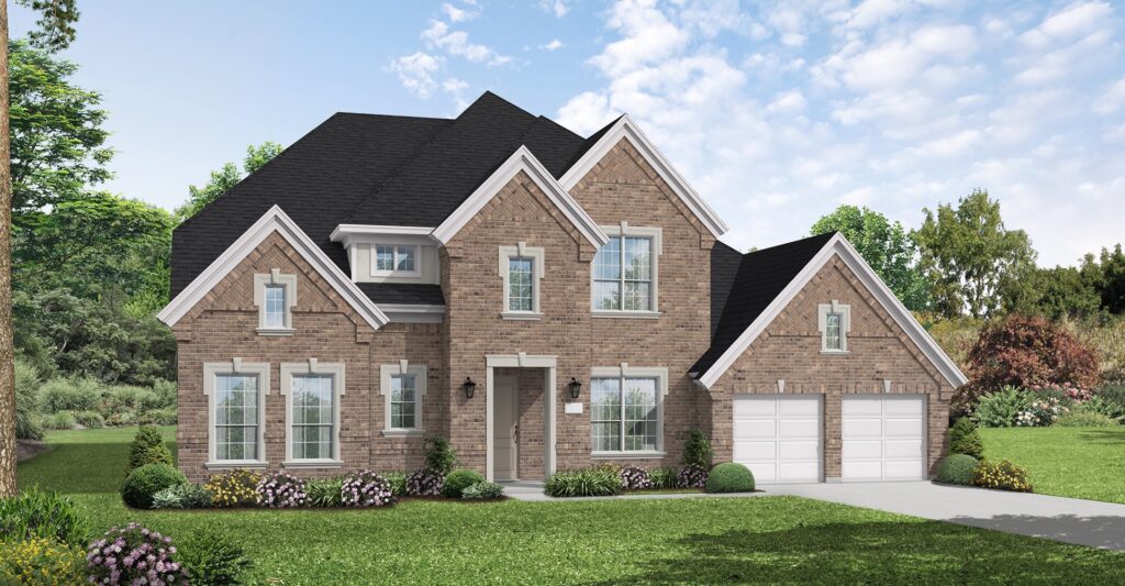 Two-story brick house with black roof, white trim, multiple windows, and an attached two-car garage by Coventry Homes. This new home in McKinney features a landscaped front yard, perfect for enjoying sunny days.