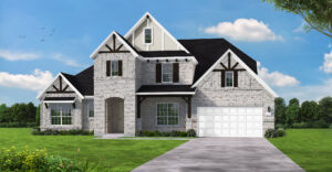 A two-story modern suburban house with white brick exterior, black roof, multiple gables, large windows, and a double garage—one of the stunning new homes in Painted Tree, McKinney—set on a green lawn under a blue sky.