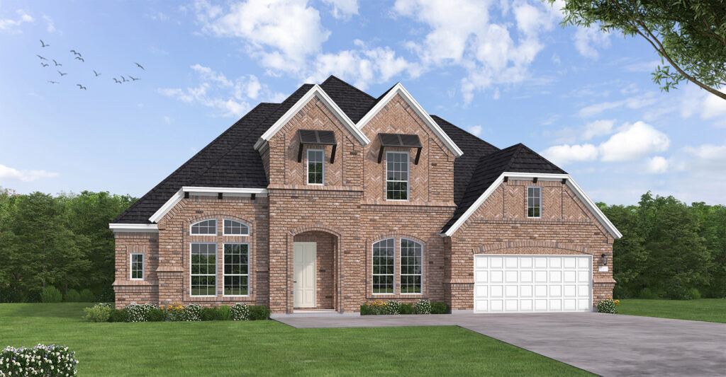 A two-story brick house with large windows, a dark shingle roof, and a white double garage, set on a green lawn under a partly cloudy sky—one of the stunning new homes by Coventry Homes in McKinney.