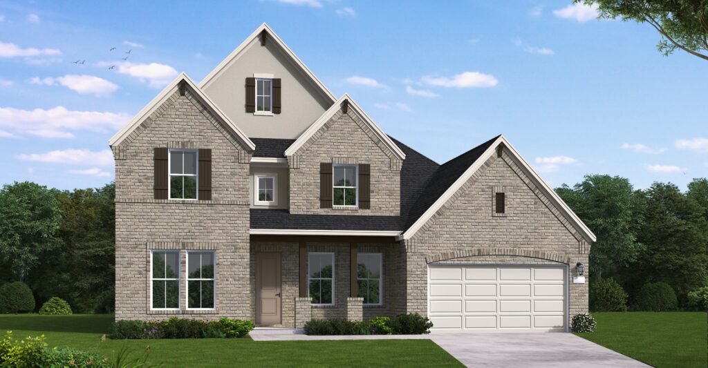 Two-story brick house by Coventry Homes in McKinney, featuring three gables, a front porch, double garage, and well-kept lawn under a clear blue sky—perfect for those seeking new homes in the area.