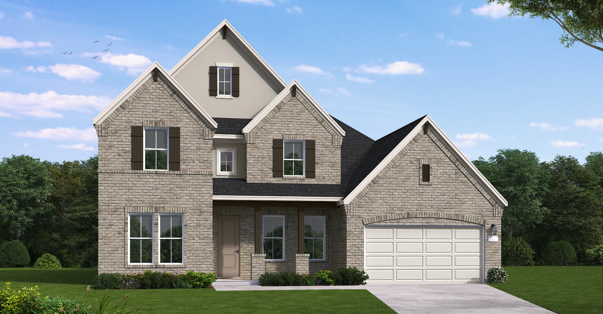 Two-story brick house by Coventry Homes in McKinney, featuring three gables, a front porch, double garage, and well-kept lawn under a clear blue sky—perfect for those seeking new homes in the area.