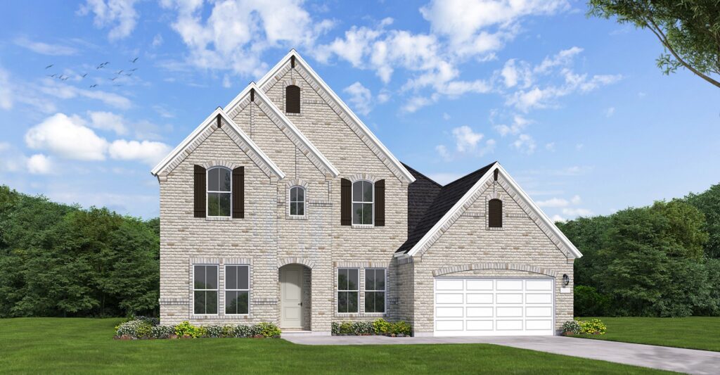 Two-story suburban house with light brick exterior, dark roof shingles, multiple gables, and a double garage—one of the beautiful new homes by Coventry Homes in Painted Tree—set amid lush grass and trees under a blue sky.