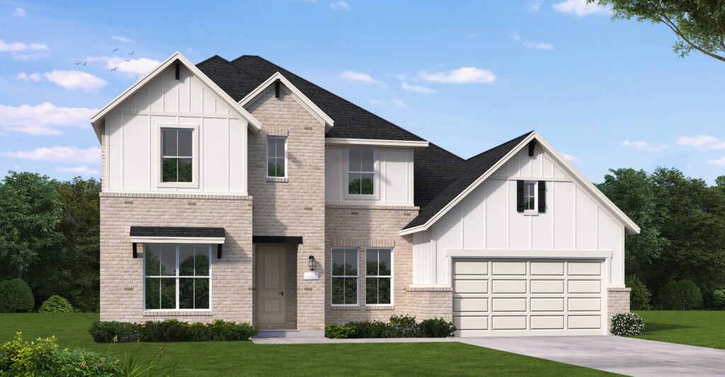 Two-story suburban house by Coventry Homes in Painted Tree features light brick and white siding, a black roof, attached two-car garage, and a manicured lawn under a partly cloudy sky—ideal for those seeking stylish new homes.
