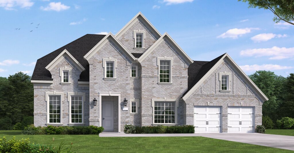 Two-story suburban house with light brick exterior, multiple gables, and a double garage, set on a green lawn under a blue sky—perfect for those seeking new homes in the Painted Tree community of McKinney.