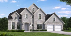 Two-story suburban house with light brick exterior, multiple gables, and a double garage, set on a green lawn under a blue sky—perfect for those seeking new homes in the Painted Tree community of McKinney.