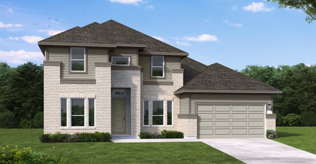 Two-story modern suburban house with light brick exterior, gray roof, attached two-car garage, and manicured lawn, set against a backdrop of trees and blue sky—perfect for those seeking new homes in McKinney by Coventry Homes.