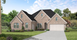 A large two-story brick house with multiple gables, arched windows, and a double garage sits in McKinney’s Painted Tree community, surrounded by grass, trees, and shrubs under a partly cloudy sky—one of many stunning new homes.