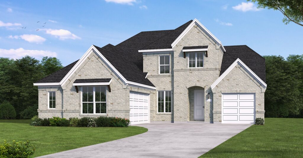 A two-story brick house with attached two-car garage, large windows, and a black roof sits on a concrete driveway surrounded by grass and trees under a blue sky in Painted Tree, McKinney—perfect for those seeking beautiful new homes.