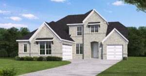 A two-story brick house with attached two-car garage, large windows, and a black roof sits on a concrete driveway surrounded by grass and trees under a blue sky in Painted Tree, McKinney—perfect for those seeking beautiful new homes.