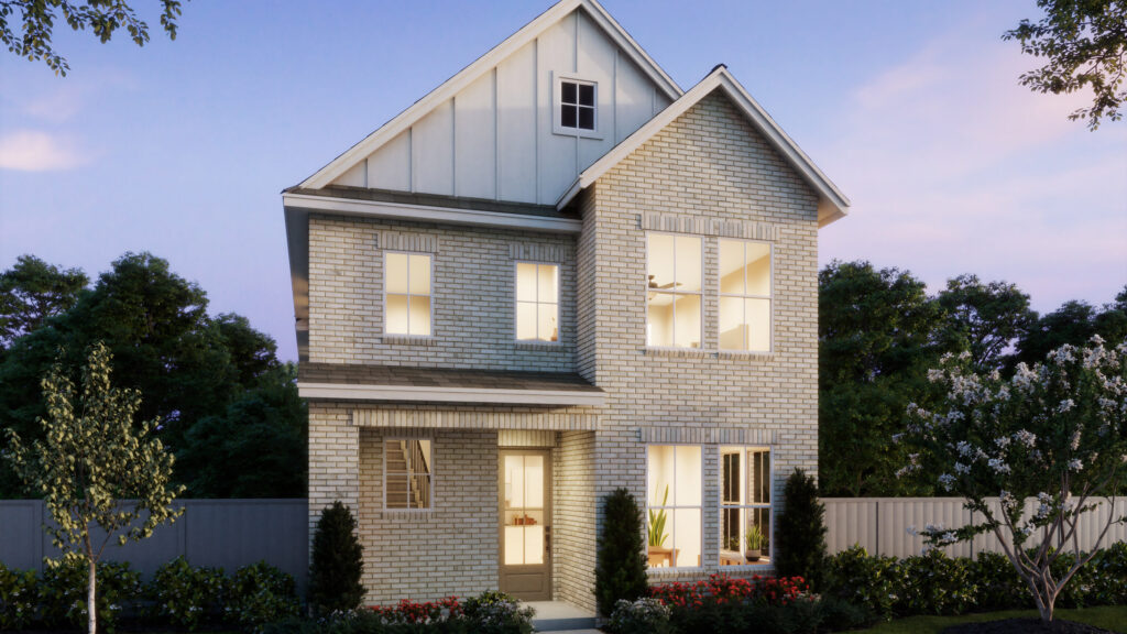 A two-story brick house by Normandy Homes with large windows, a covered entryway, and a small landscaped front yard in Painted Tree, McKinney—set against a backdrop of trees and a fence at dusk.