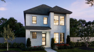 Two-story modern house by Normandy Homes in McKinney’s Painted Tree, featuring a light brick exterior, large windows, dark roof, landscaped front yard, and a concrete walkway leading to the front door at dusk.
