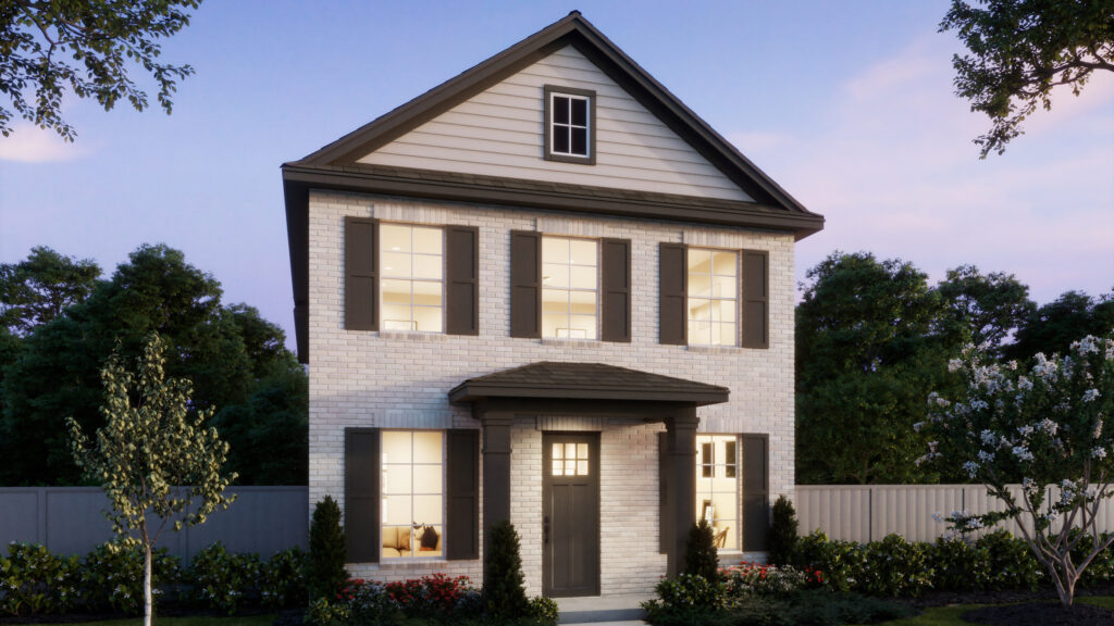 A two-story Normandy Homes house with a white brick exterior, dark shutters, and a covered front entrance, surrounded by greenery and a fenced yard in McKinney’s Painted Tree community at dusk.