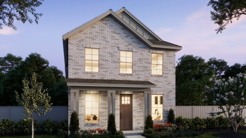 Two-story house with brick exterior by Normandy Homes, large front windows, a dark front door, small garden, and trees in the Painted Tree community at dusk.