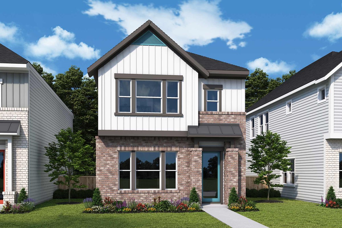 Two-story modern house by David Weekley with brick and white siding exterior, large windows, a small front yard in Painted Tree, and a concrete walkway leading to the front door. Discover stylish new homes in this vibrant community.