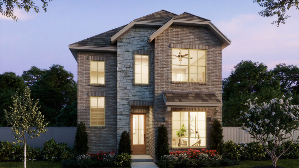 Two-story brick house with large front windows, stone accents, and a landscaped yard filled with shrubs and flowers, set against a backdrop of trees in Painted Tree, featuring new homes by Normandy Homes at dusk.
