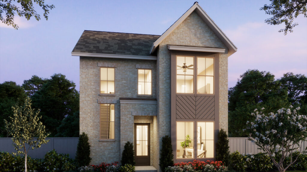 A two-story modern brick house by Normandy Homes with large windows, a gabled roof, and landscaped front yard in the Painted Tree community of McKinney, photographed at dusk.