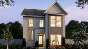 A two-story modern brick house by Normandy Homes with large windows, a gabled roof, and landscaped front yard in the Painted Tree community of McKinney, photographed at dusk.