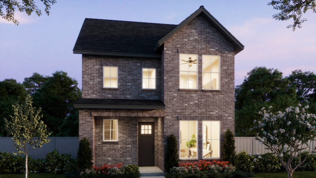 Two-story brick house by Normandy Homes in McKinney, featuring large front windows, a black door, a small porch, and lush shrubs and flowers—set against trees and a wooden fence at dusk. Discover elegant new homes in this serene setting.