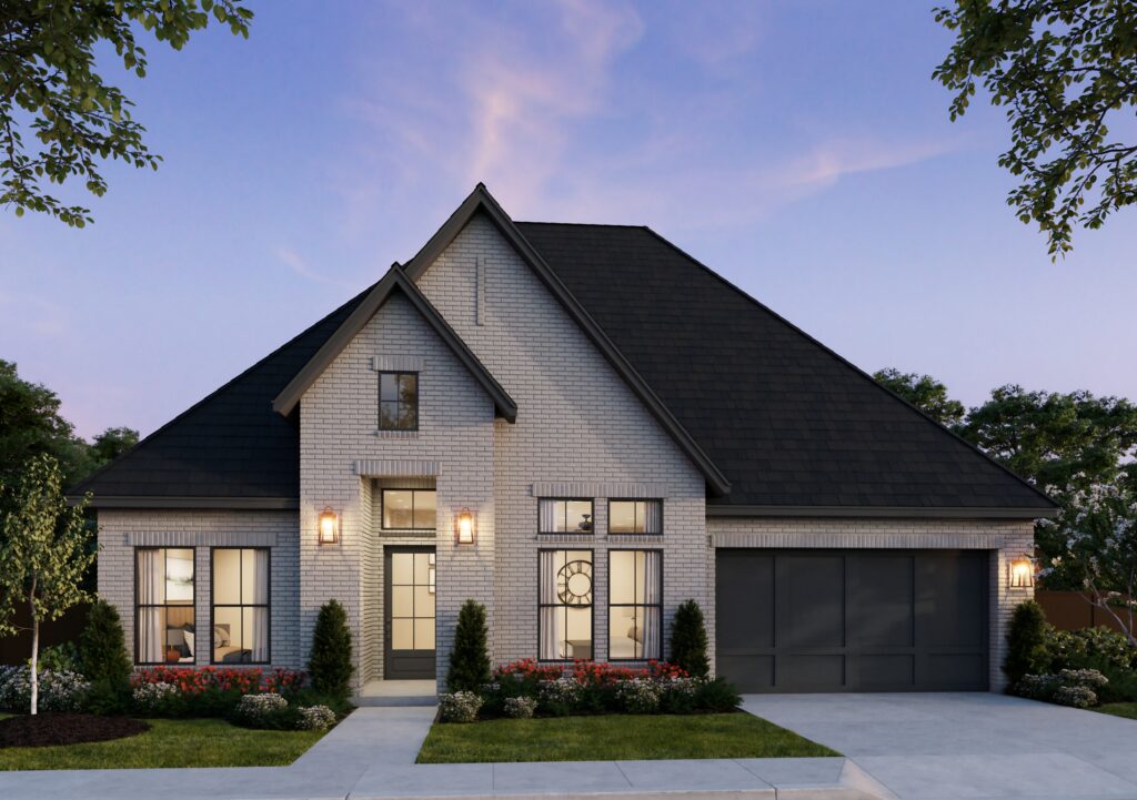 A modern single-story brick house with large windows, a steep dark roof, two-car garage, and landscaped front yard at dusk—one of the stunning new homes by Southgate Homes in Painted Tree.
