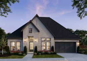 A modern single-story brick house with large windows, a steep dark roof, two-car garage, and landscaped front yard at dusk—one of the stunning new homes by Southgate Homes in Painted Tree.